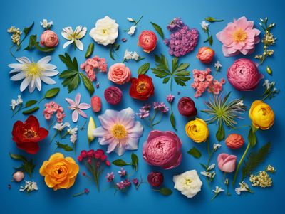 a bunch of different colored flowers on a blue background