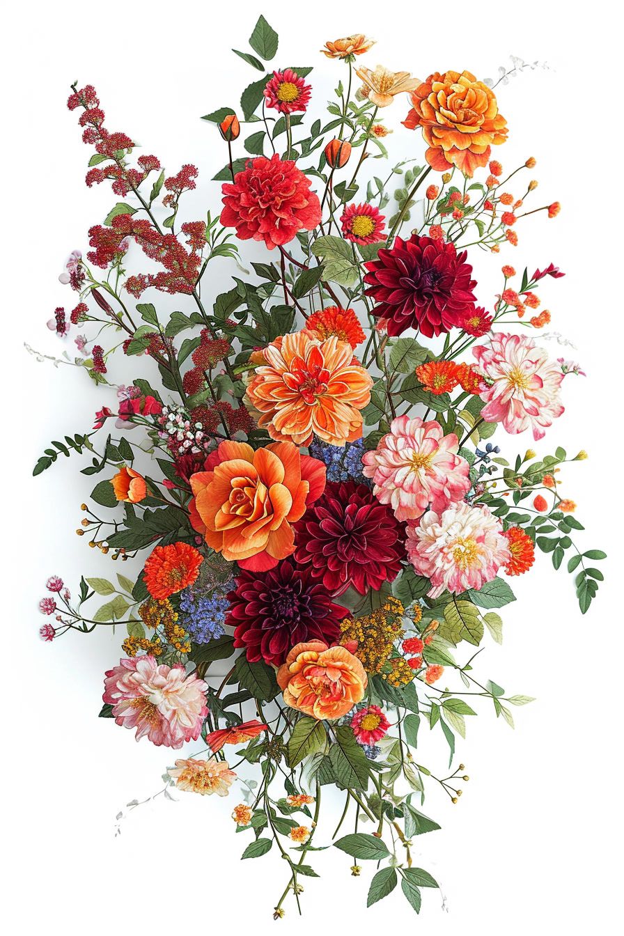 a bouquet of colorful flowers on a white background