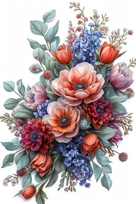 a painting of a bouquet of flowers and leaves