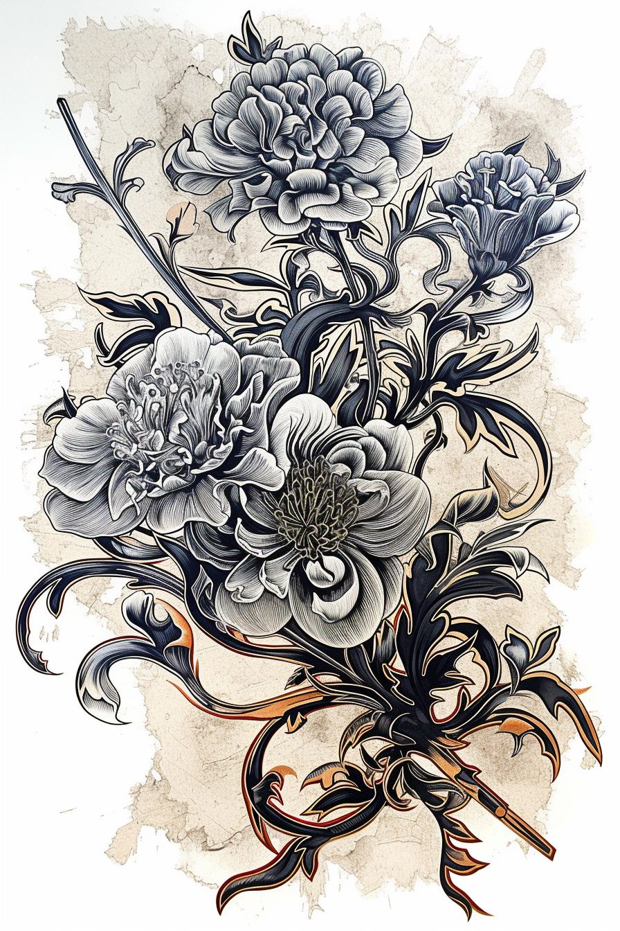 a drawing of a bunch of flowers on a white background