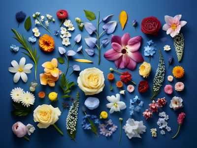 a bunch of flowers that are on a blue surface