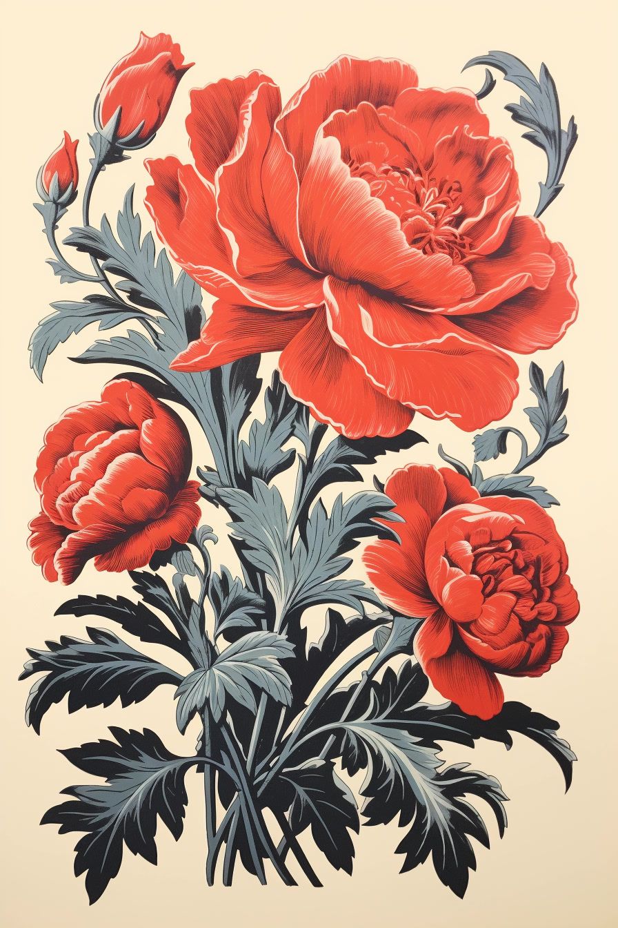 a painting of red flowers on a white background