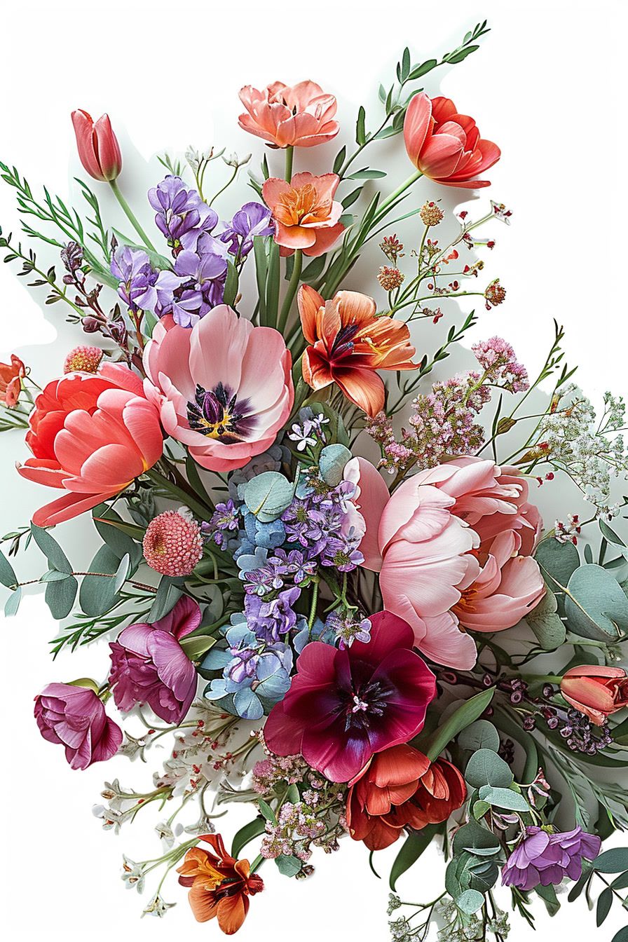 a bouquet of colorful flowers on a white background