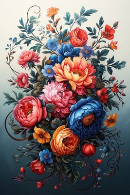 a painting of a bouquet of flowers on a blue background