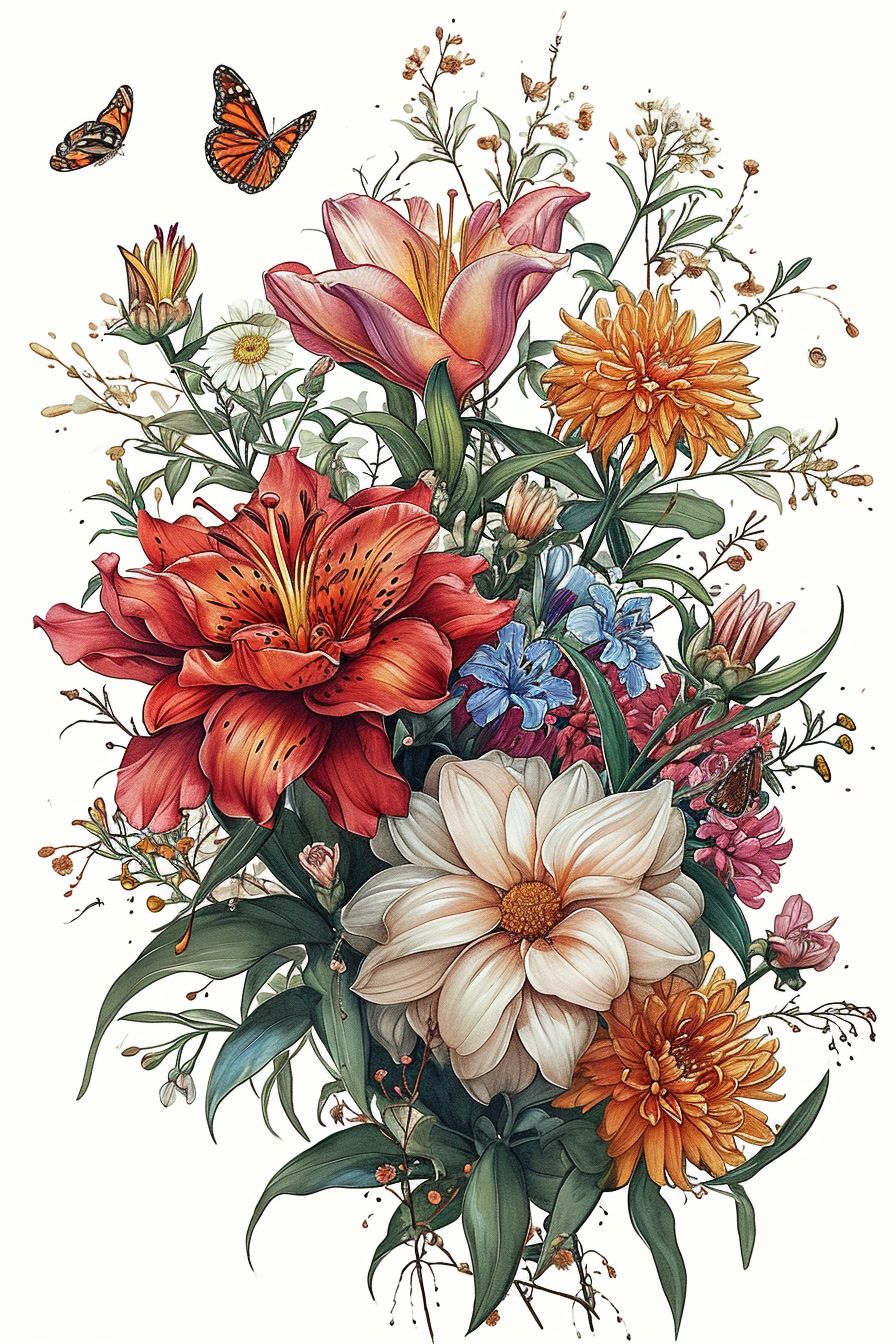 a painting of flowers and butterflies on a white background