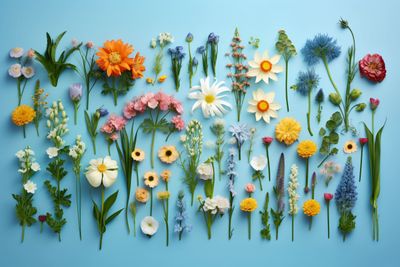 a group of flowers laid out on a blue surface