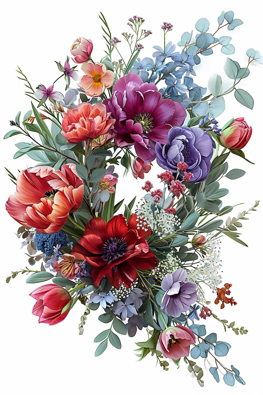 a bouquet of colorful flowers on a white background