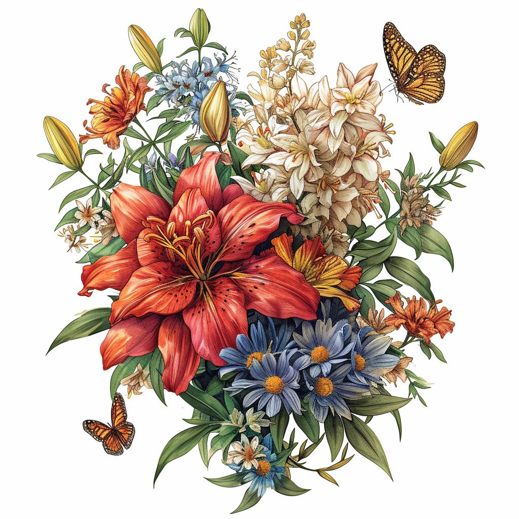 a bouquet of flowers with a butterfly on top of it