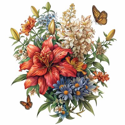 a bouquet of flowers with a butterfly on top of it