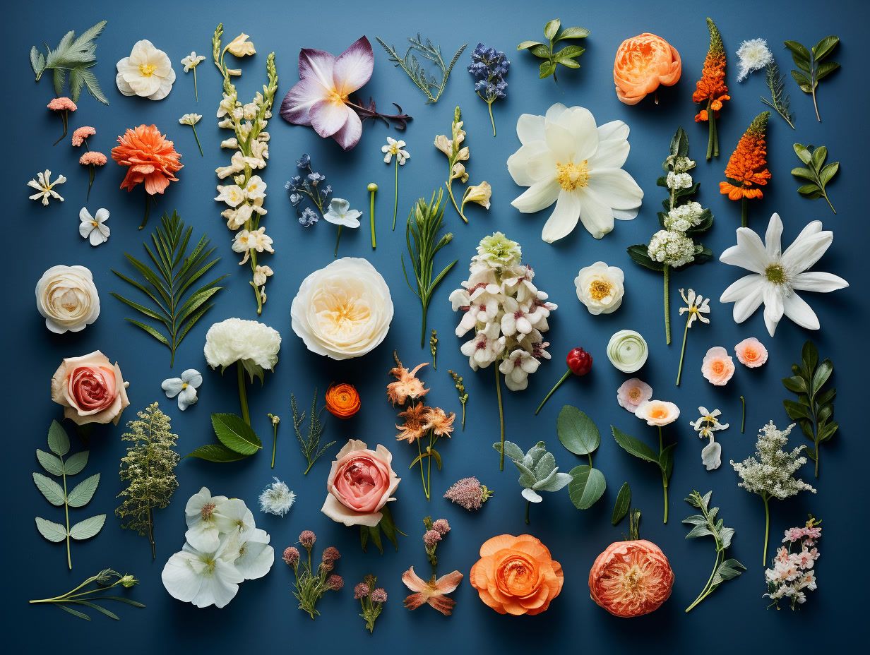 a variety of flowers arranged on a blue surface