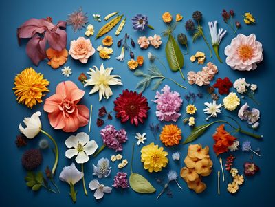 a bunch of different colored flowers on a blue background