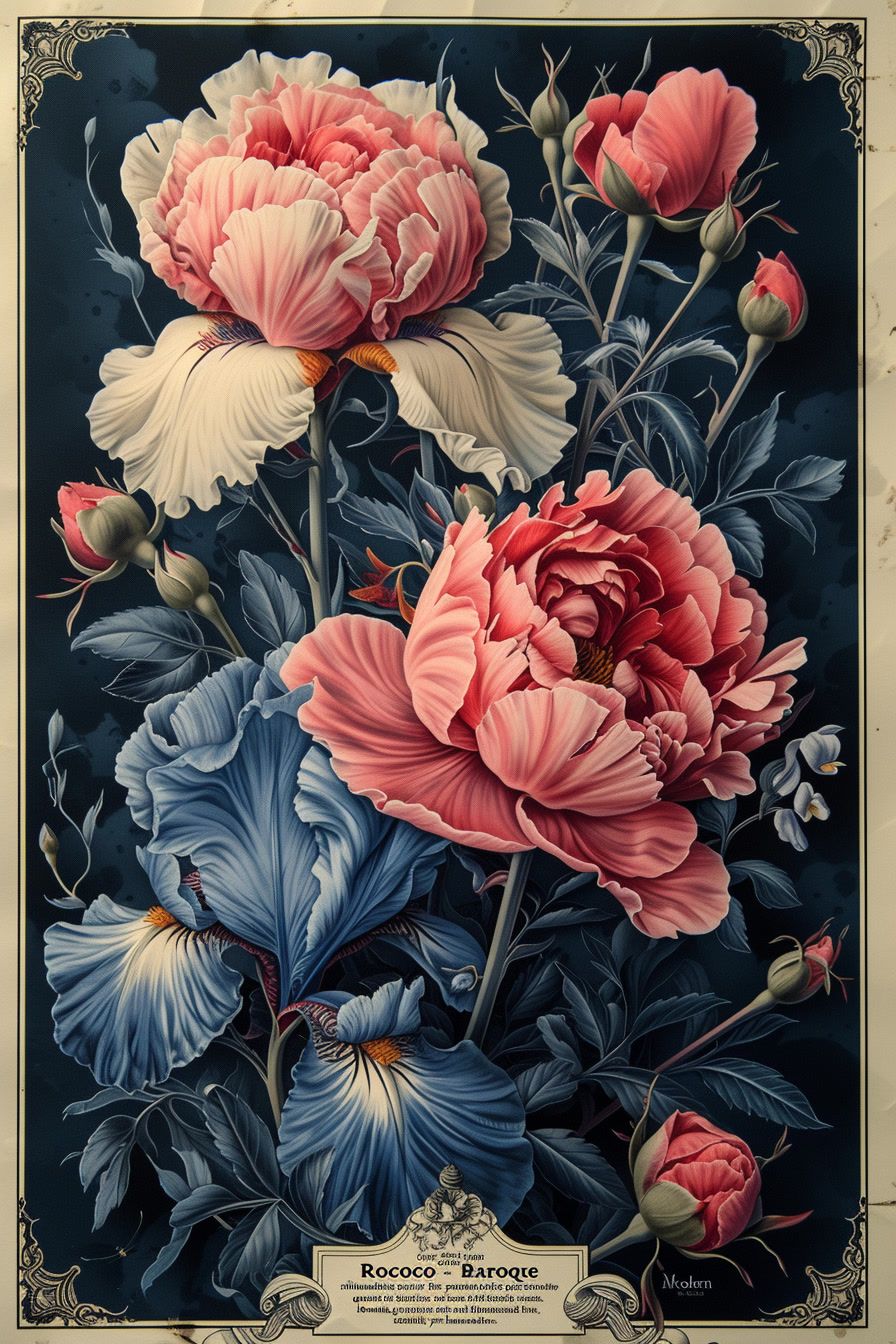 a painting of pink and blue flowers on a black background