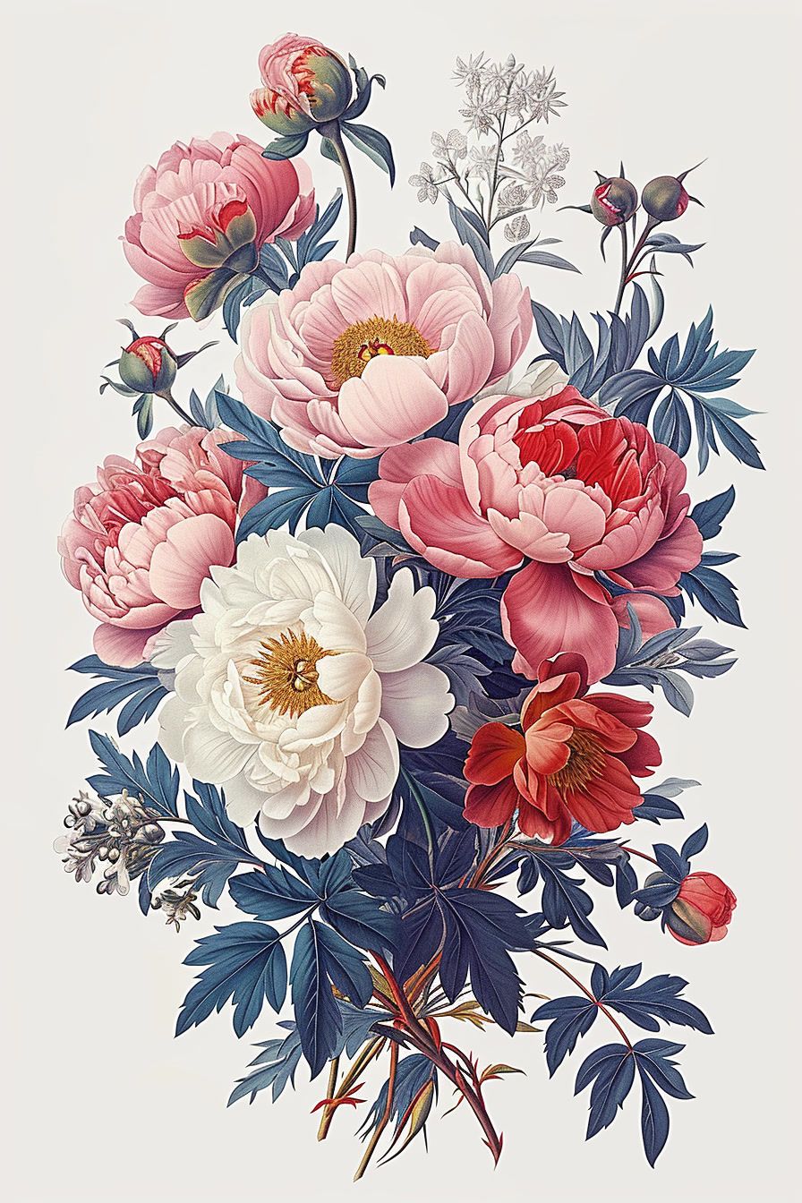 a painting of a bouquet of flowers on a white background