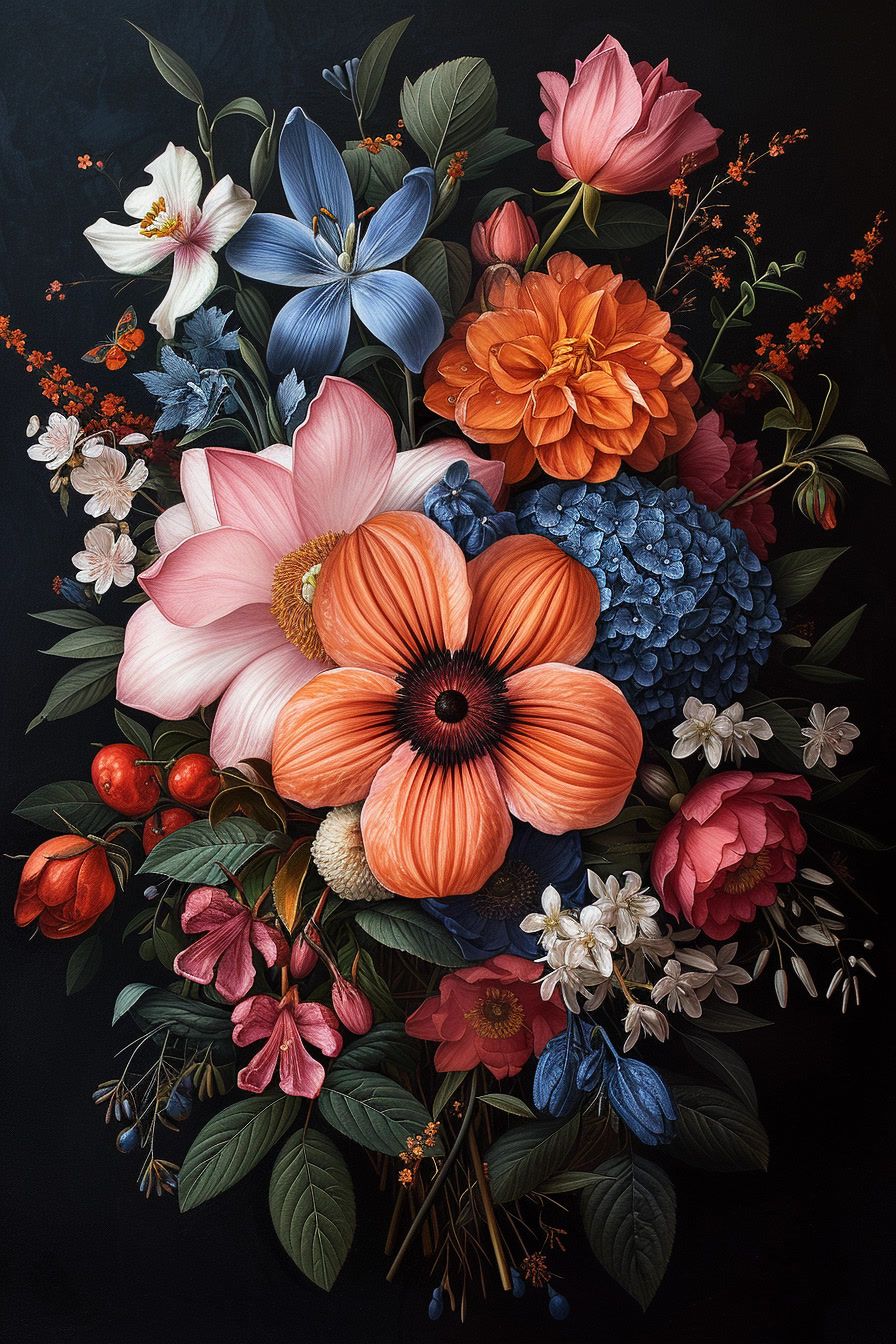 a painting of a bouquet of flowers on a black background