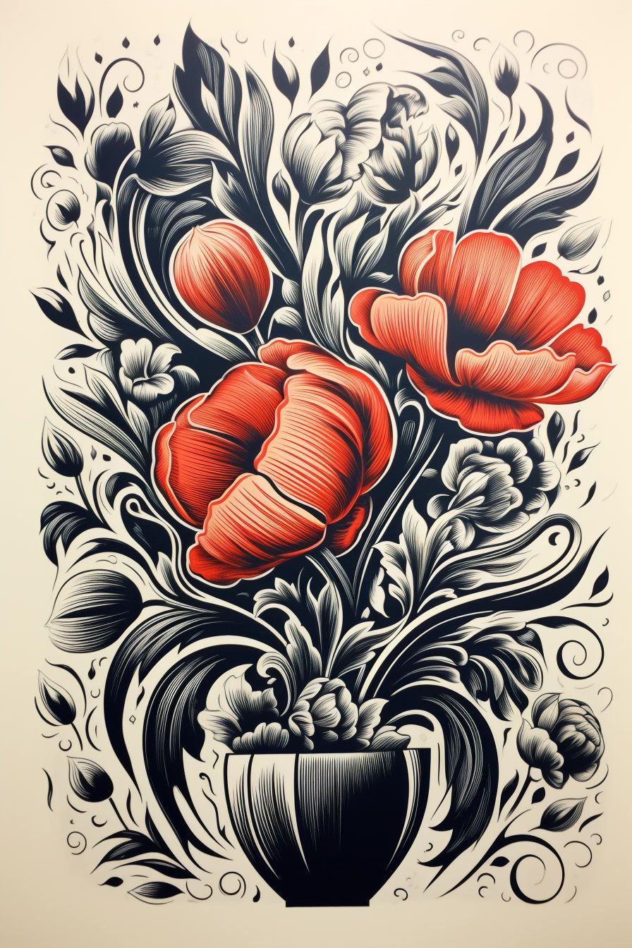 a drawing of red flowers in a vase