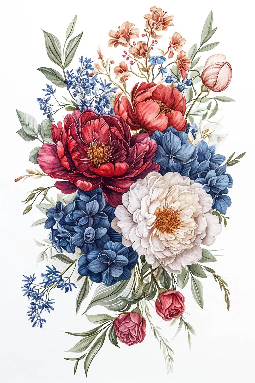 a bouquet of flowers painted on a white background