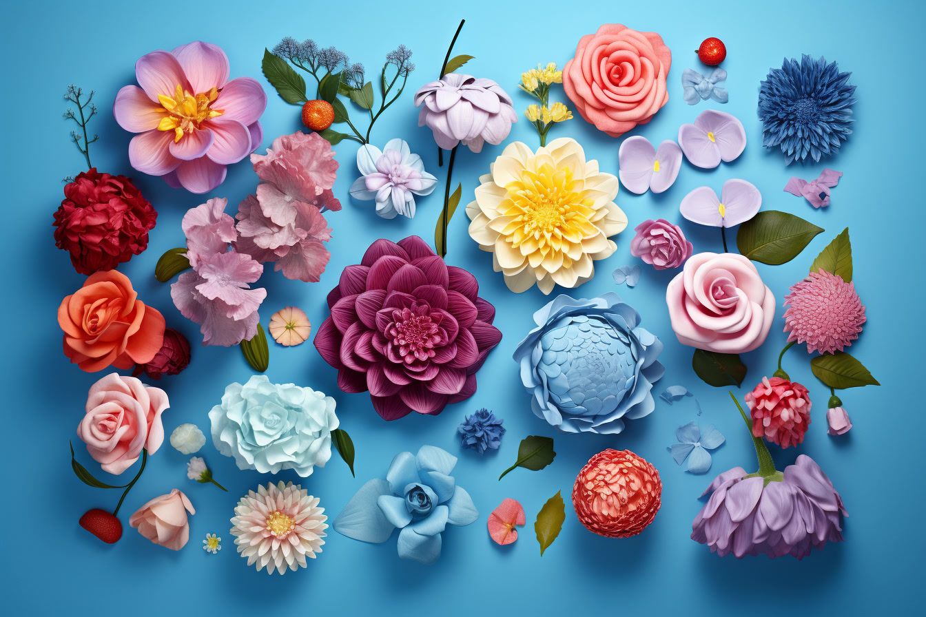 a bunch of different colored flowers on a blue background