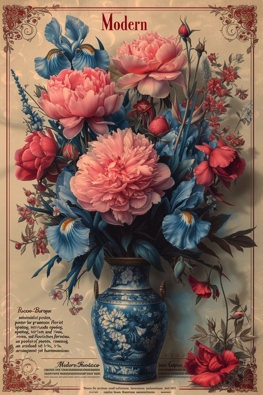 a blue vase filled with pink and blue flowers