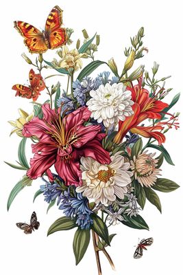 a bouquet of flowers and butterflies on a white background