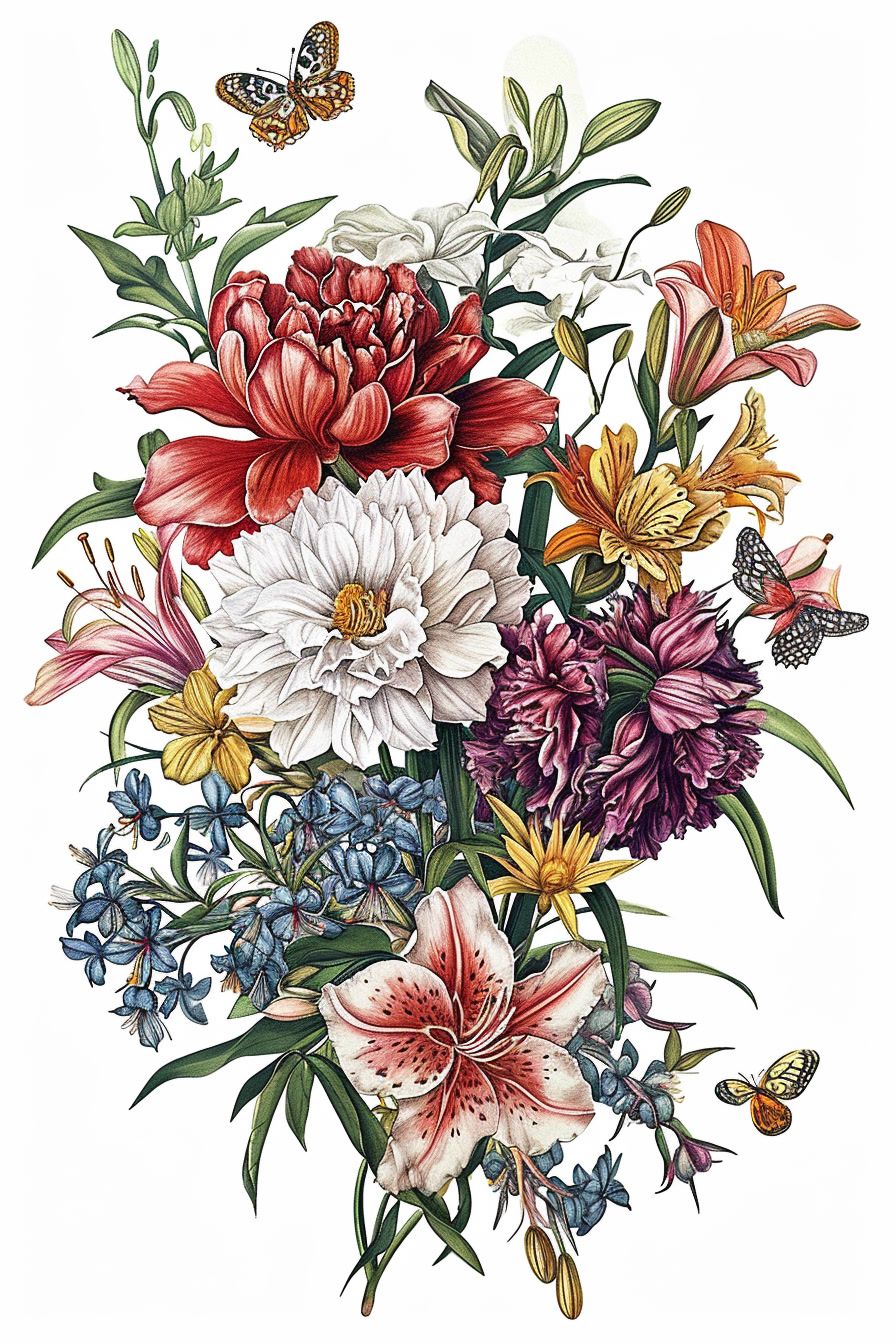 a bouquet of flowers with butterflies flying around