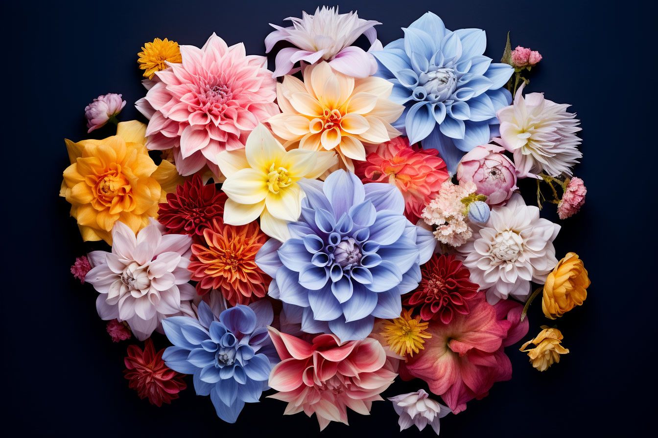 a bunch of colorful flowers on a black background