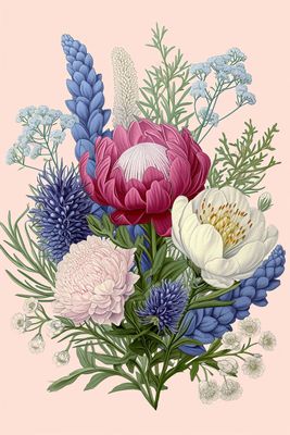 a bouquet of flowers on a pink background