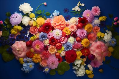 a bunch of colorful flowers on a blue background