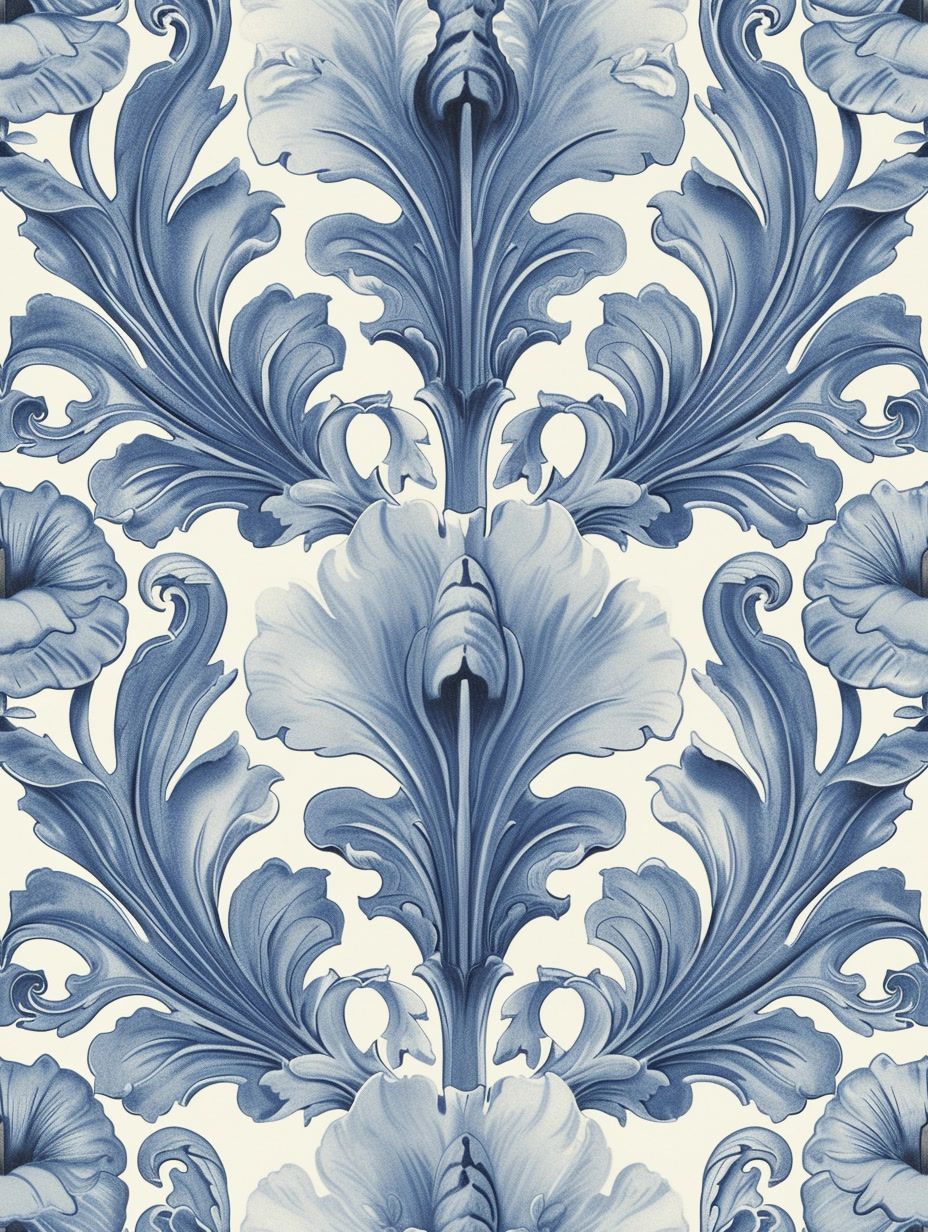 a blue and white wallpaper with a floral design