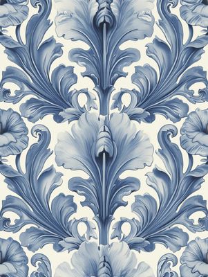 a blue and white wallpaper with a floral design