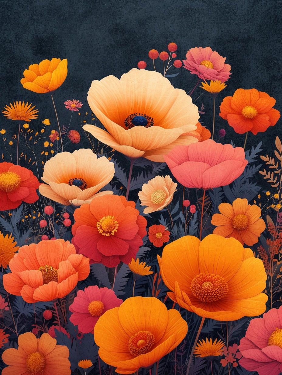 a painting of orange and red flowers on a black background