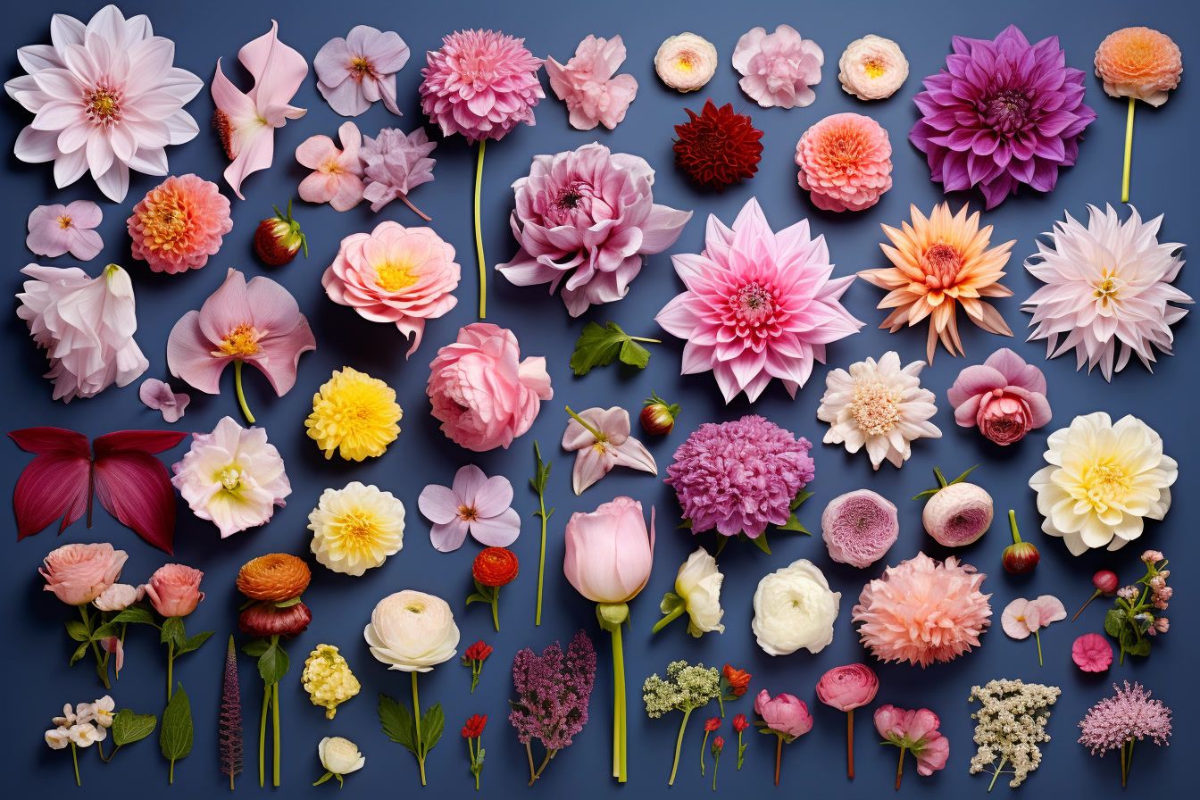 a bunch of flowers that are on a blue surface