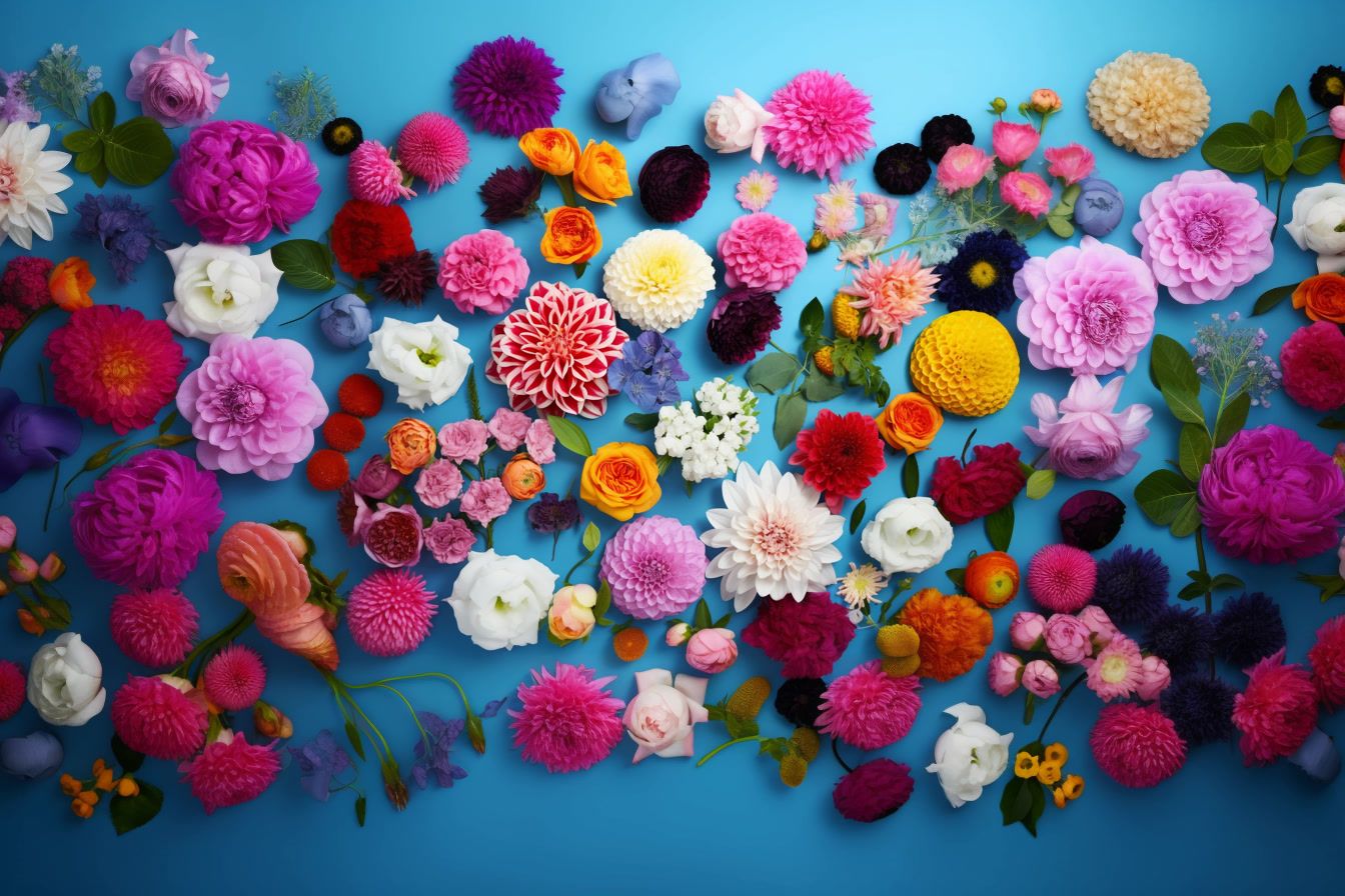 a bunch of different colored flowers on a blue background