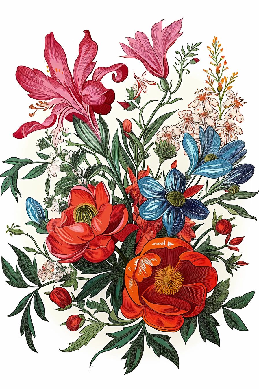 a drawing of a bouquet of flowers on a white background