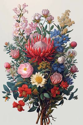 a painting of a bouquet of flowers on a white background