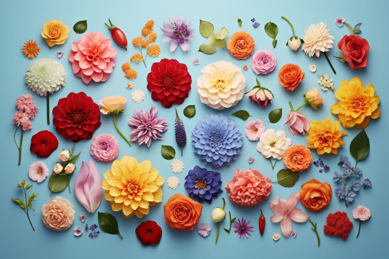 a bunch of different colored flowers on a blue background