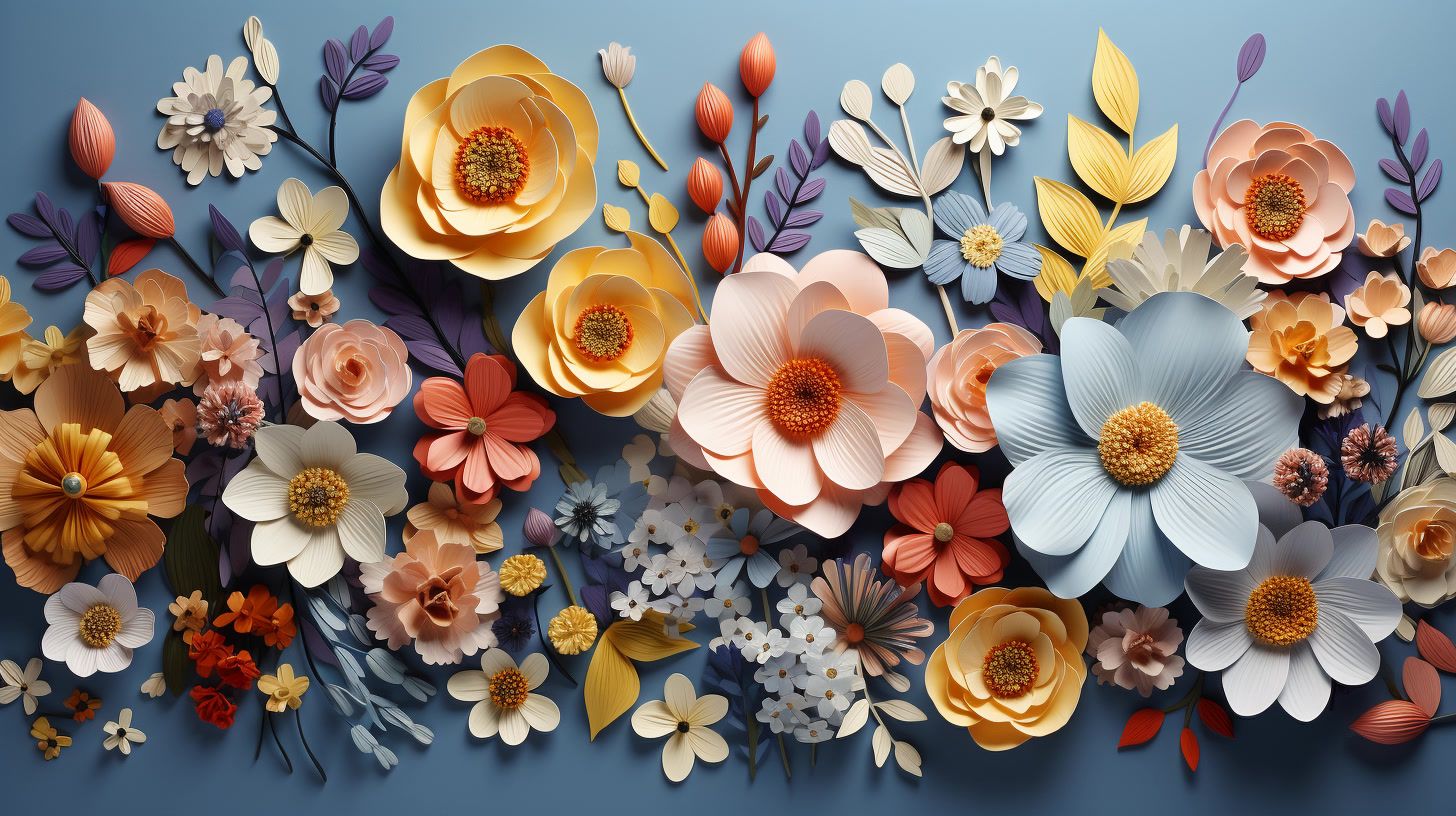 a bunch of paper flowers on a blue background