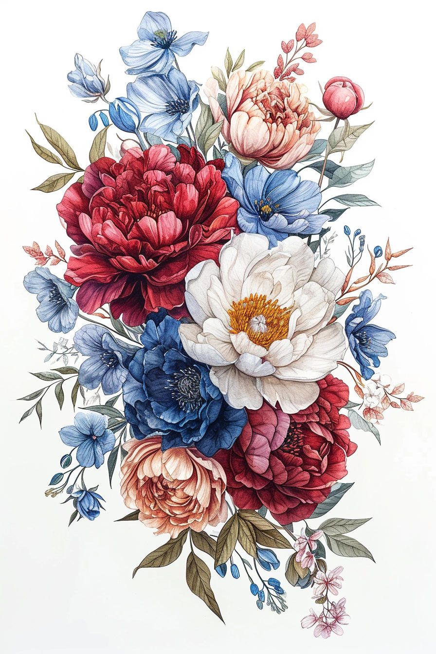 a bouquet of flowers painted on a white background