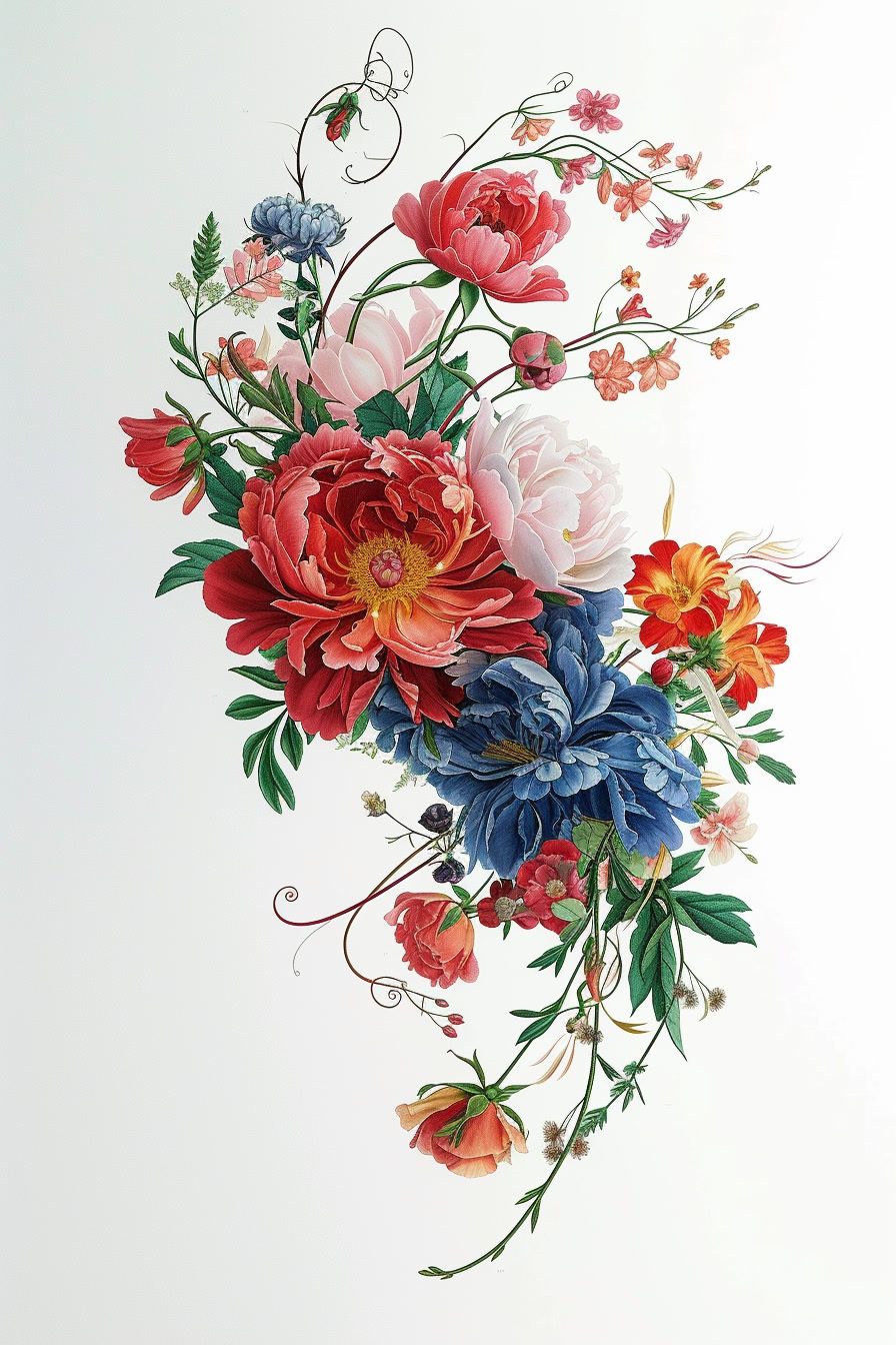 a painting of a bouquet of flowers on a white background