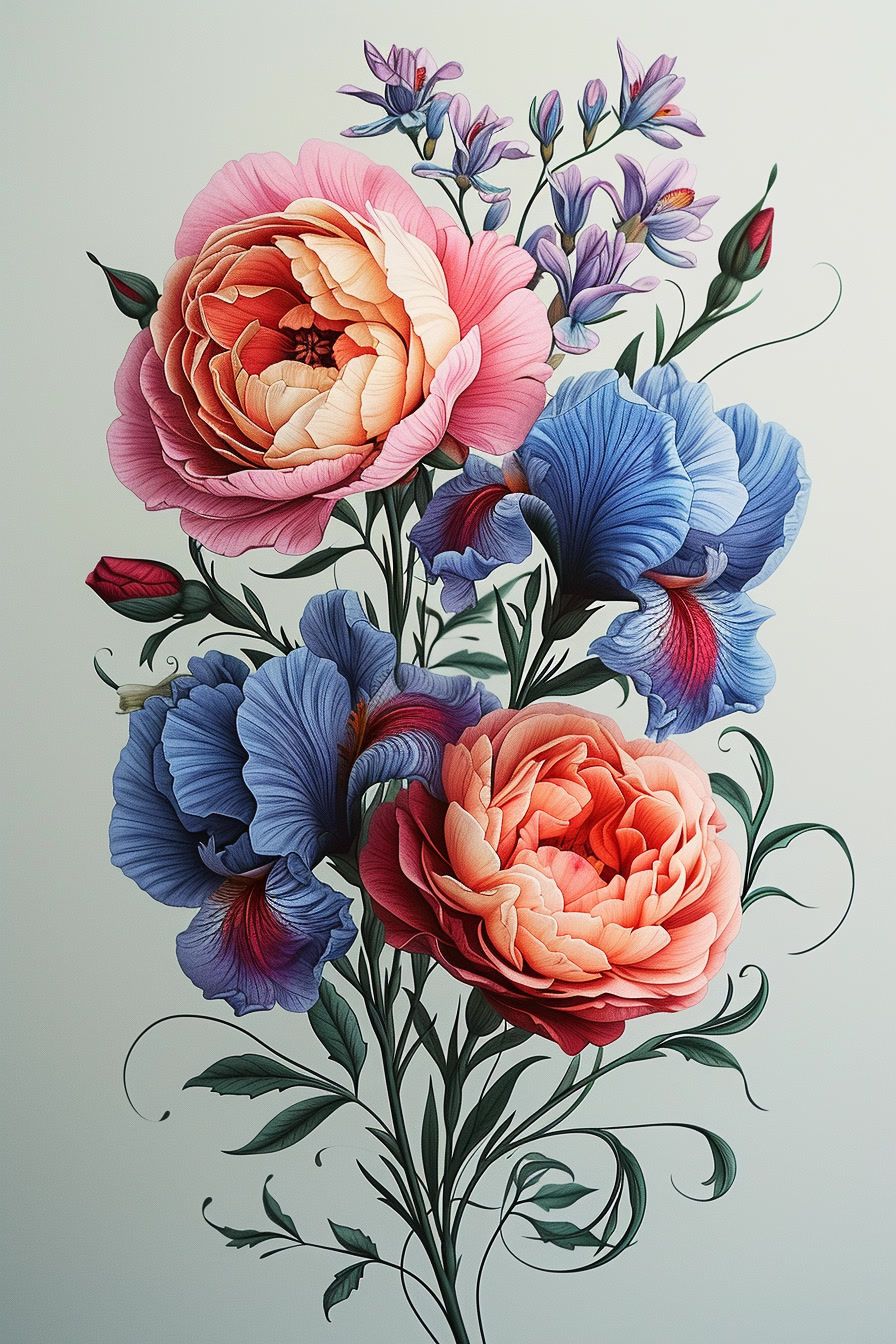 a painting of a bouquet of flowers on a white background