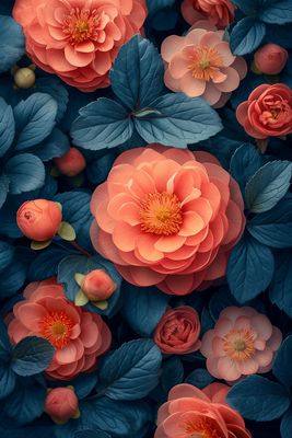 a close up of a bunch of flowers with leaves