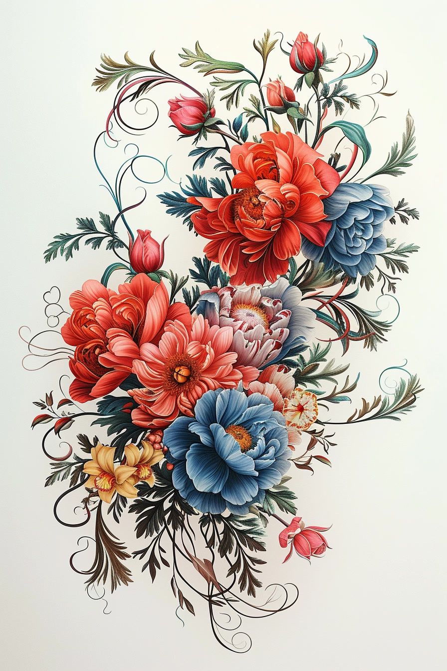 a painting of a bouquet of flowers on a white background