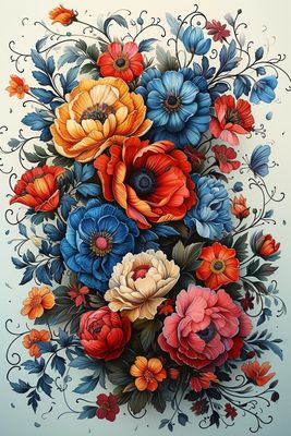 a painting of a bouquet of flowers on a blue background