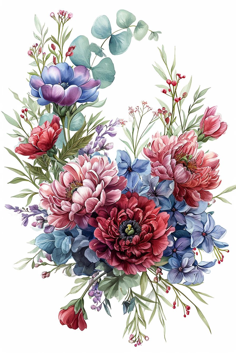 a bouquet of flowers painted in watercolor on a white background