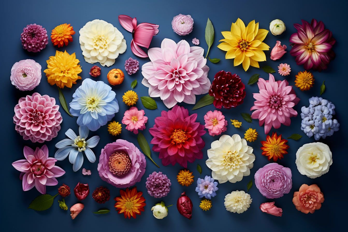 a bunch of different colored flowers on a blue background