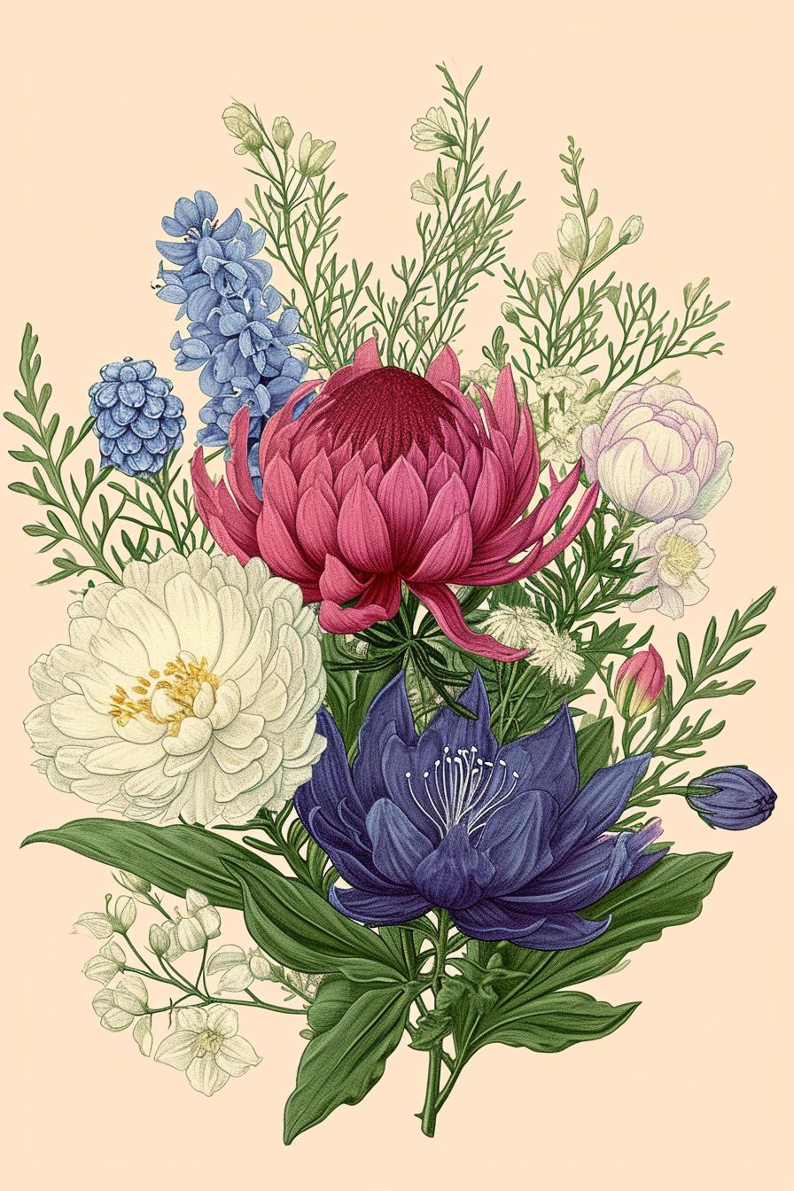 a drawing of a bouquet of flowers on a pink background