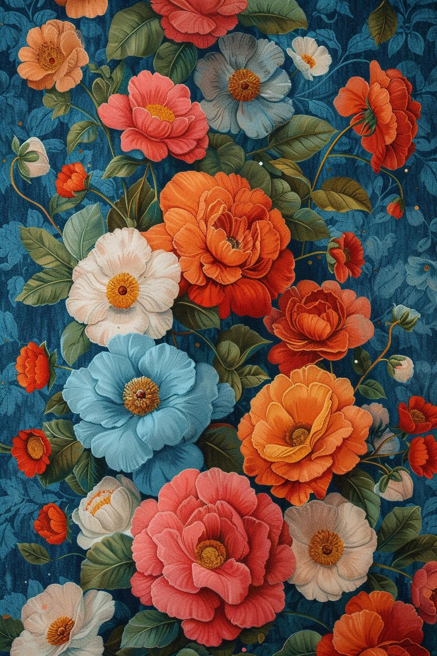 a painting of flowers on a blue background