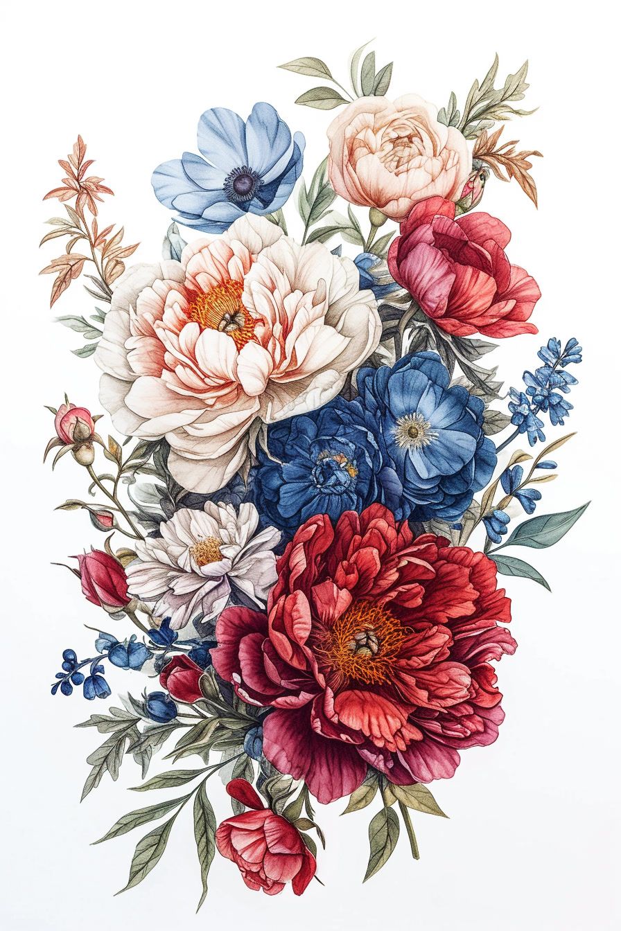 a bouquet of flowers painted on a white background