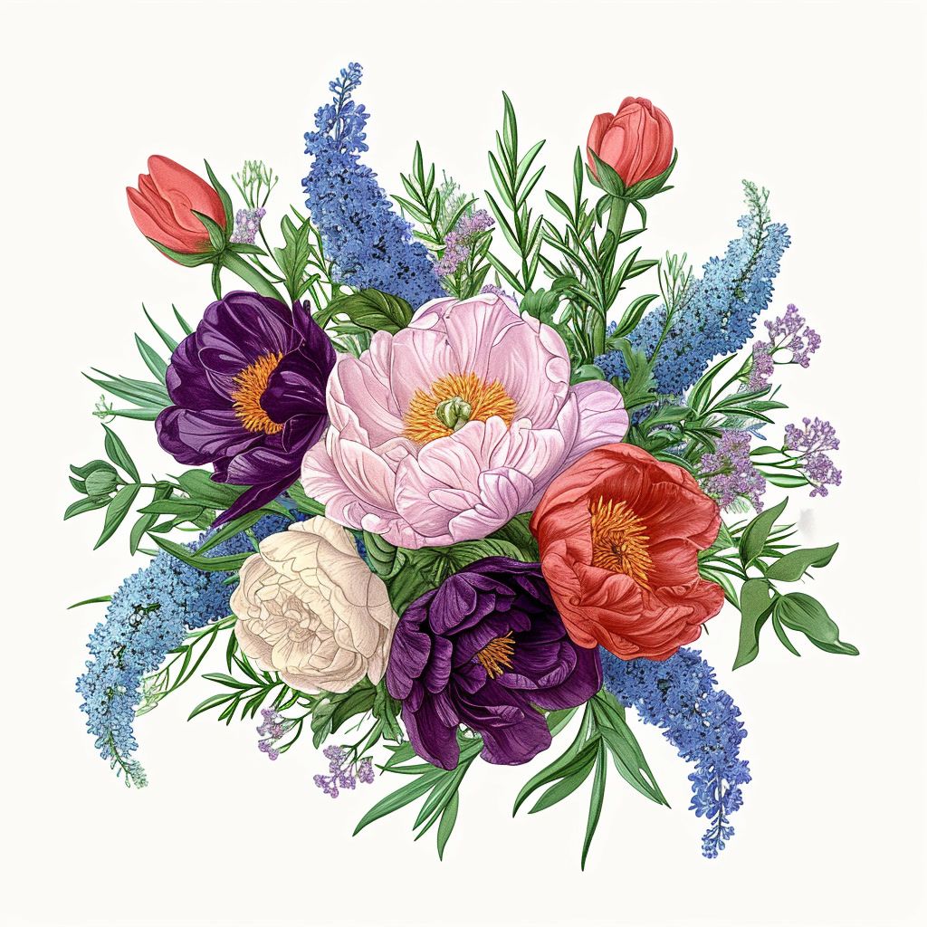 a bouquet of colorful flowers on a white background