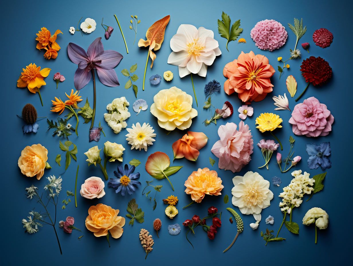 a bunch of different colored flowers on a blue surface