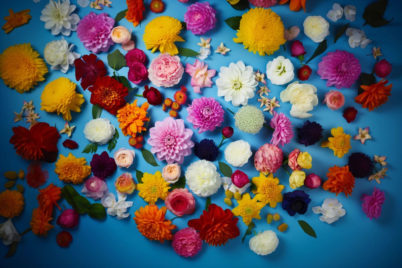 a bunch of different colored flowers on a blue surface